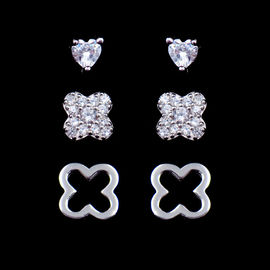 Novelty Flower Four Leaf Clover Earrings Studs 3 In 1 Set 925 Silver Jewelry